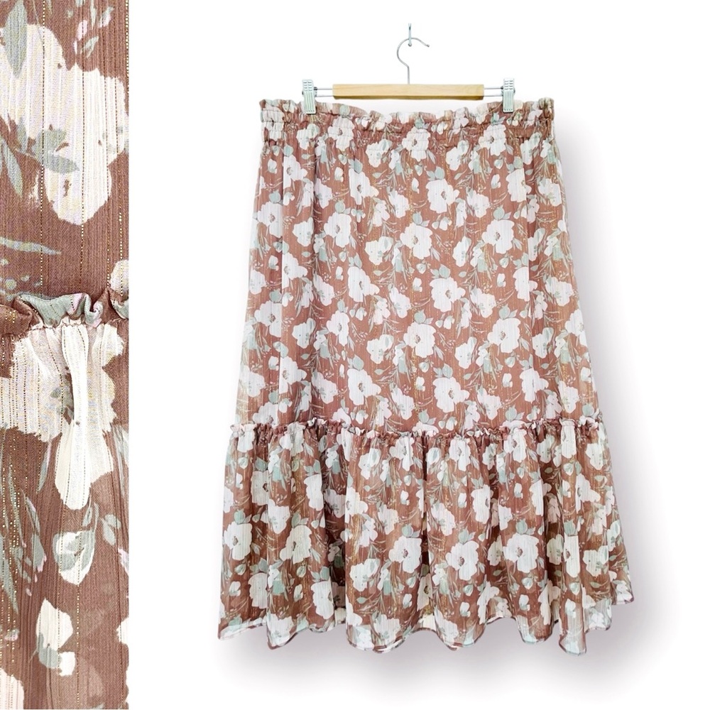 LC Lauren Conrad Chiffon Floral Gold Threads Ruffle Midi Skirt Elastic Waist